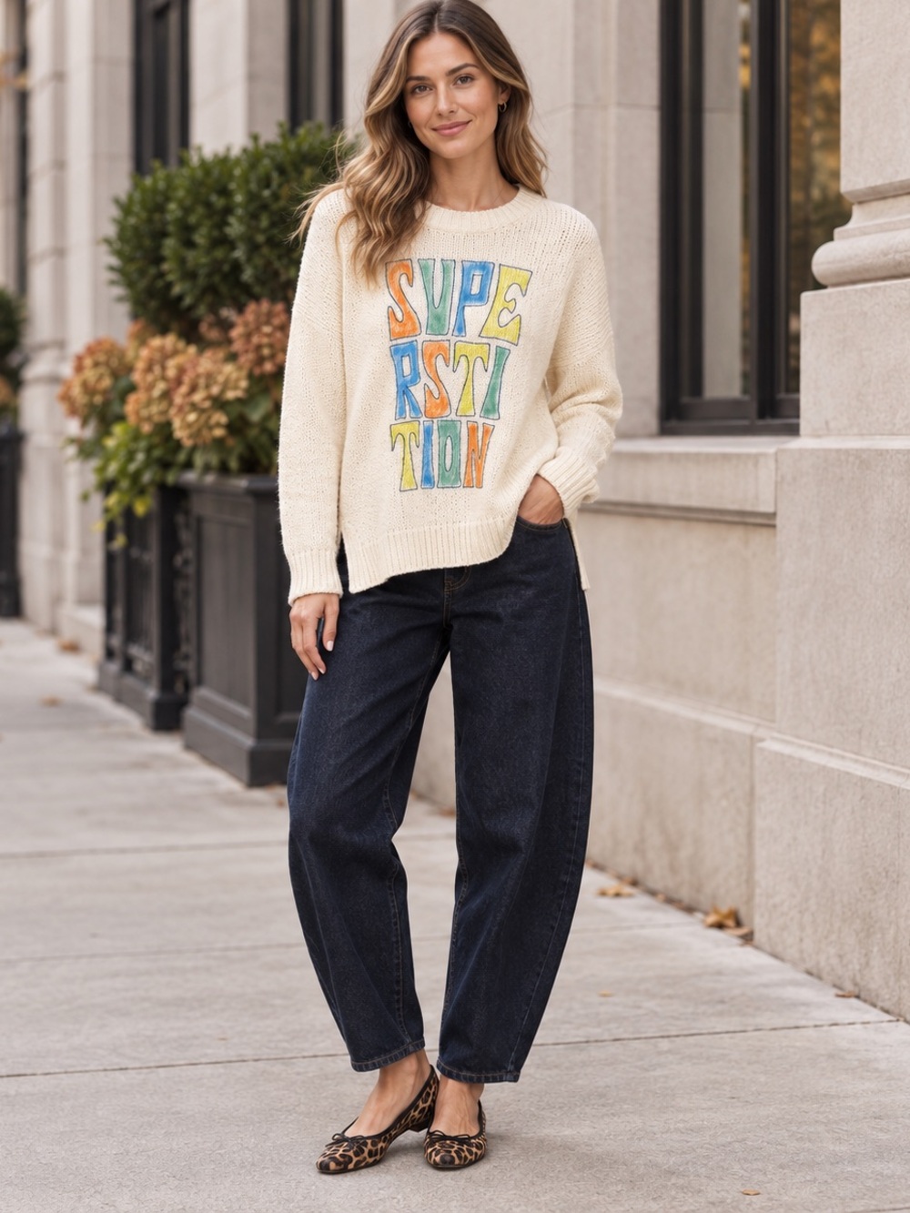 MOTHER Cream Crewneck Sweater with Multicolor Lettering